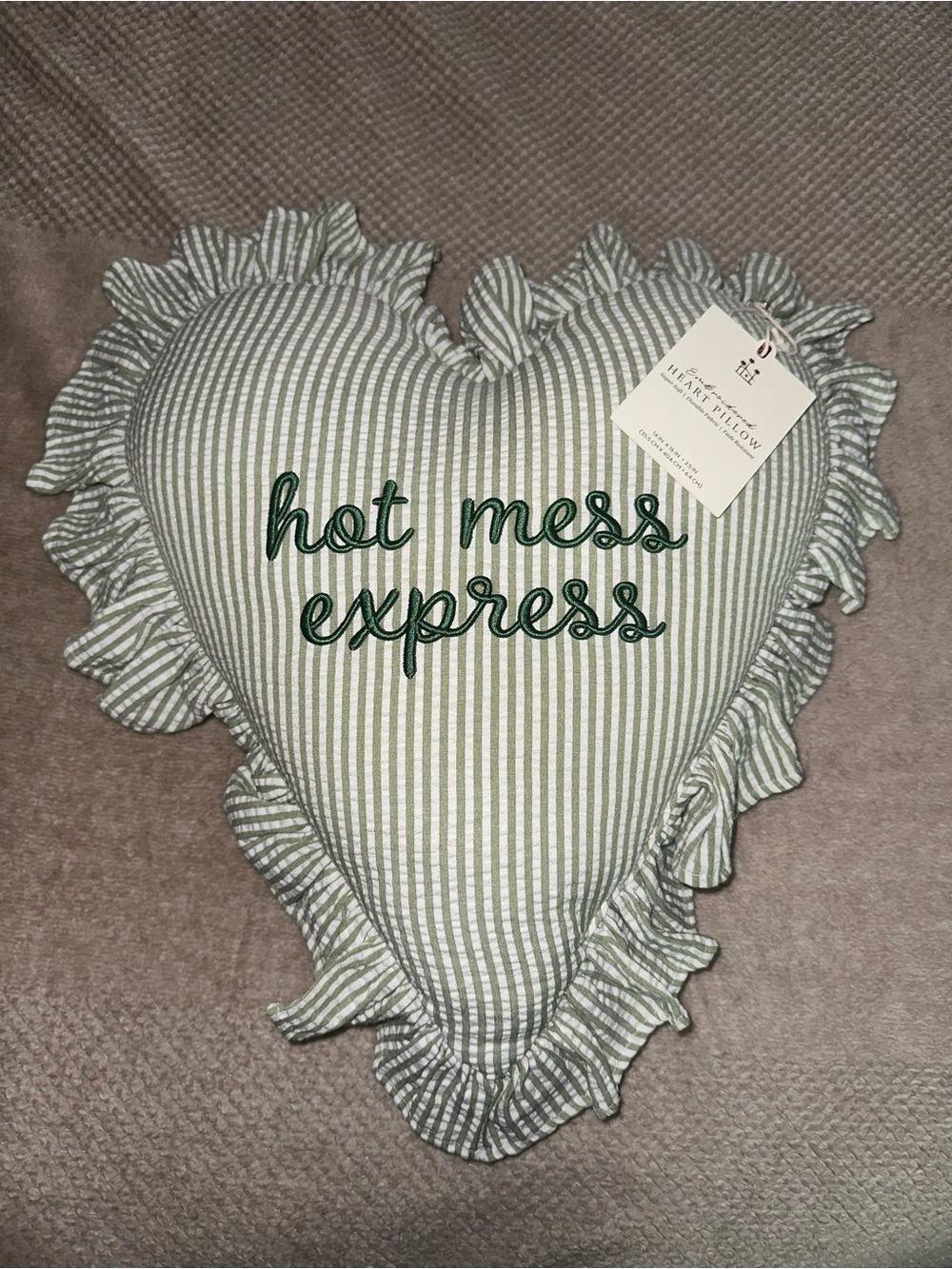 Striped Heart Green and White Embroidered Pillow with Ruffles - Hot Mess Express
